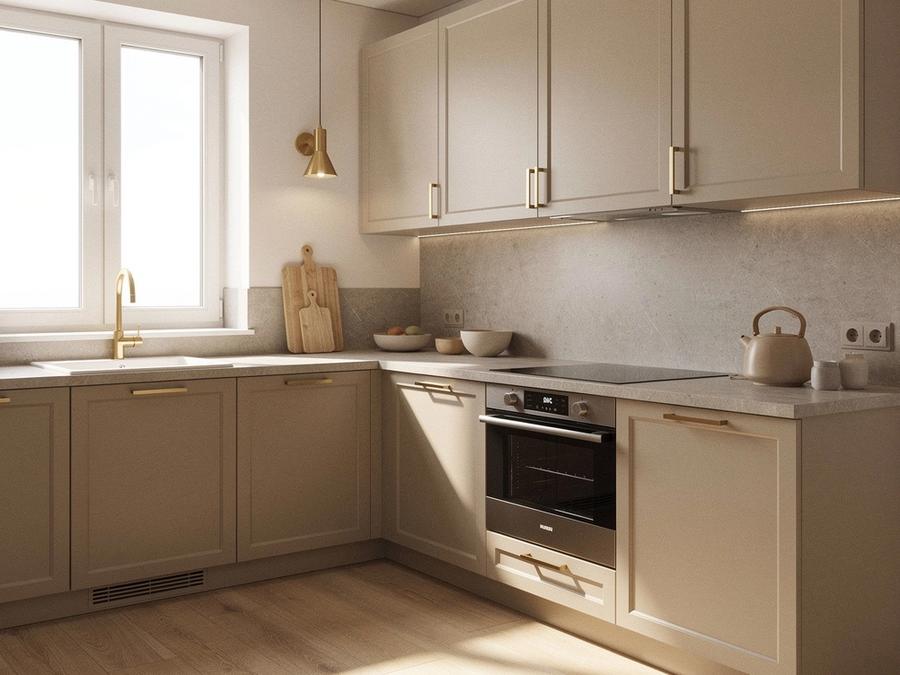 Kitchen renovation with warm wood tones and matte brass accents