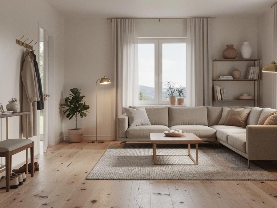 Living room renovation with cohesive neutral palette and practical zoning