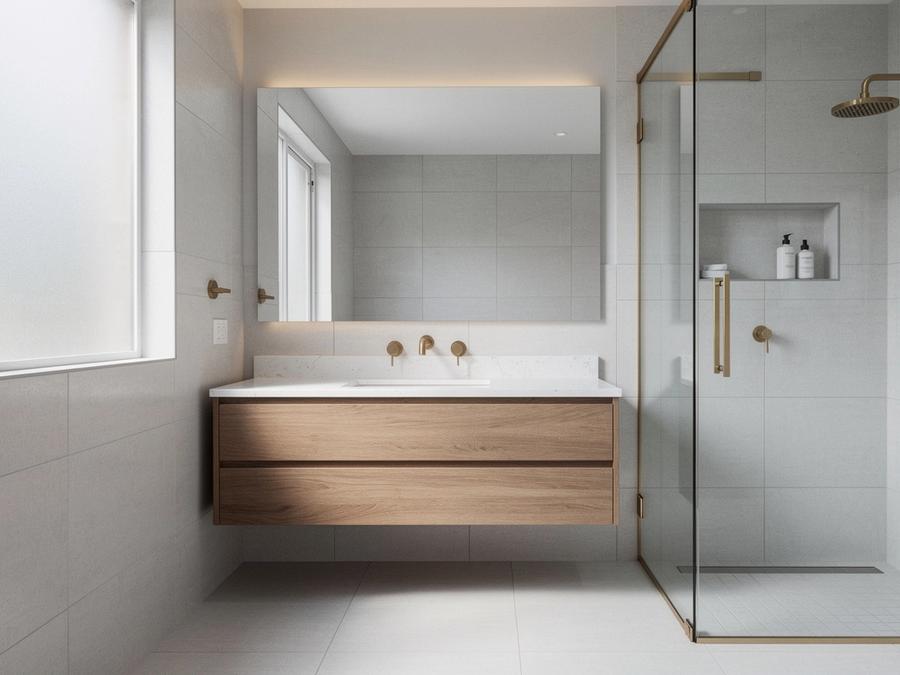 Bathroom renovation with crisp lines and warm brass hardware